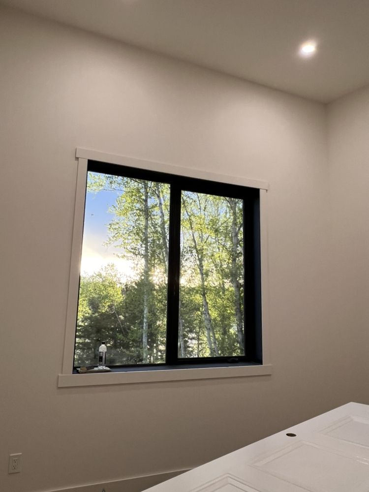 Freshly painted room with crisp white window trim, looking out at birch trees